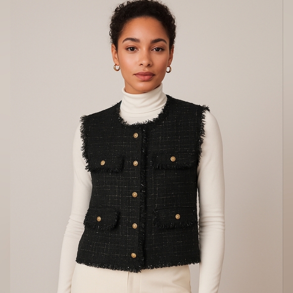 Anthropologie Hazel Black Boucle Tweed Fringe Gold Button Up Vest Pockets Sz L - Picture 1 of 9